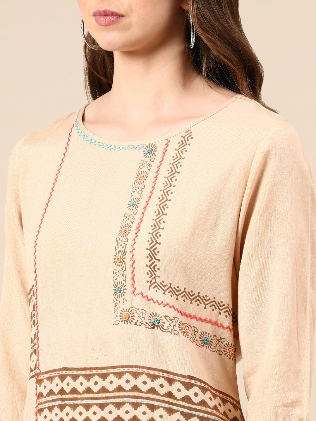 Women's Beige Printed A-Line Kurta