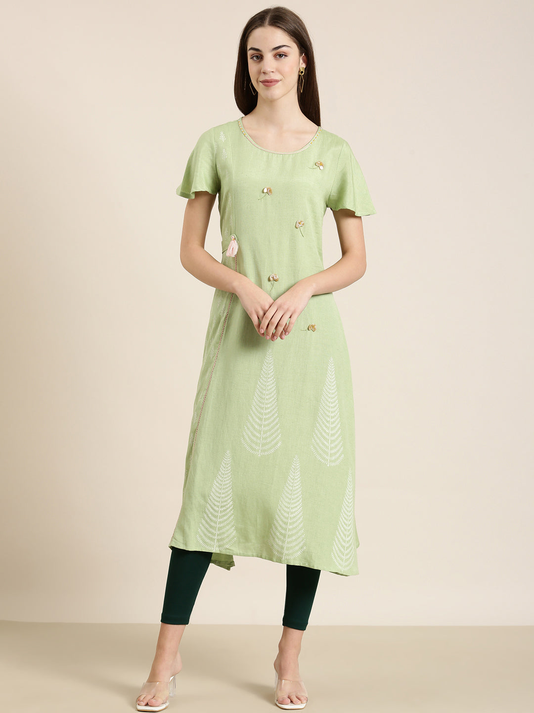 Women Sea Green Solid A-Line Kurta