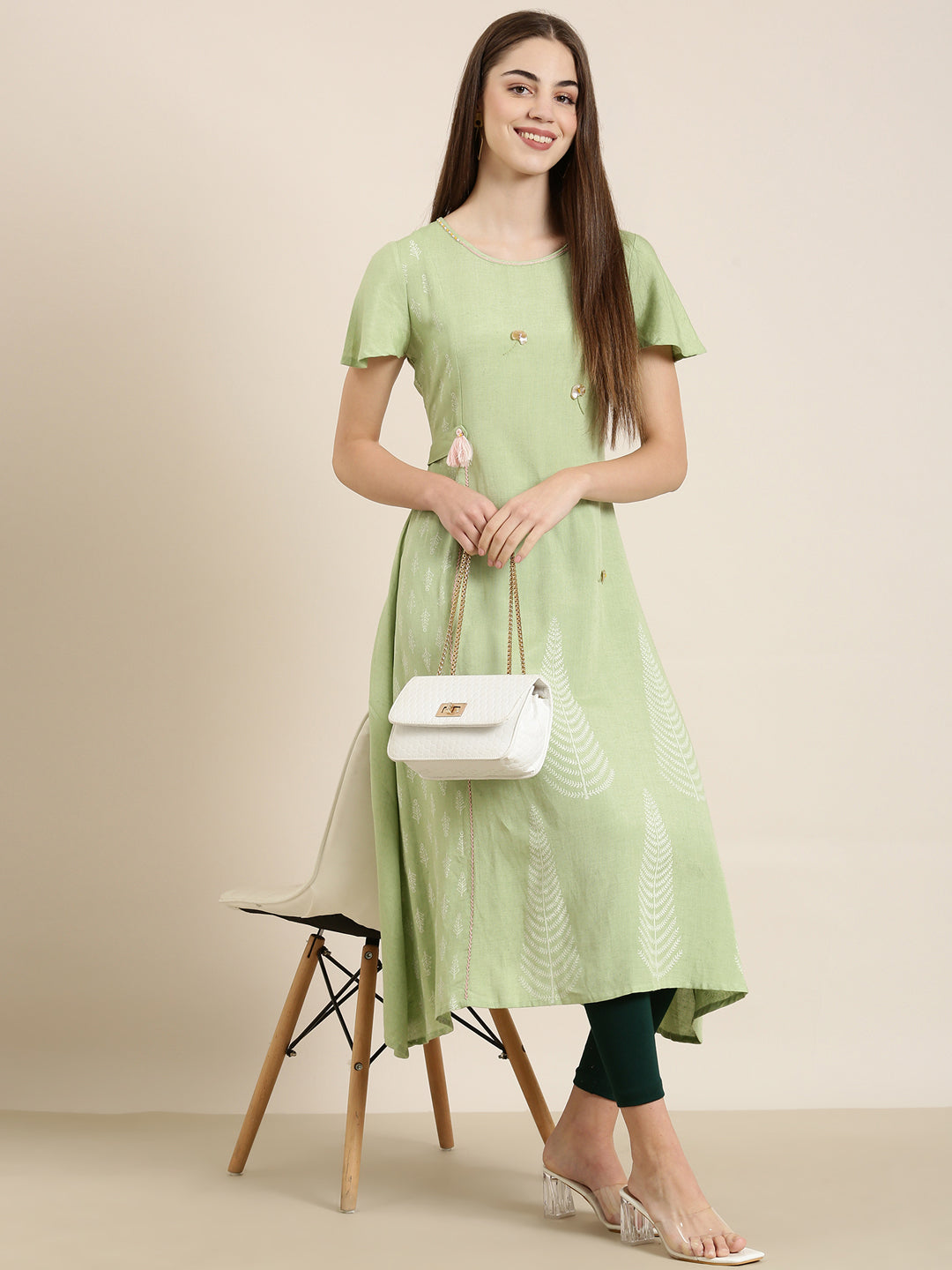 Women Sea Green Solid A-Line Kurta