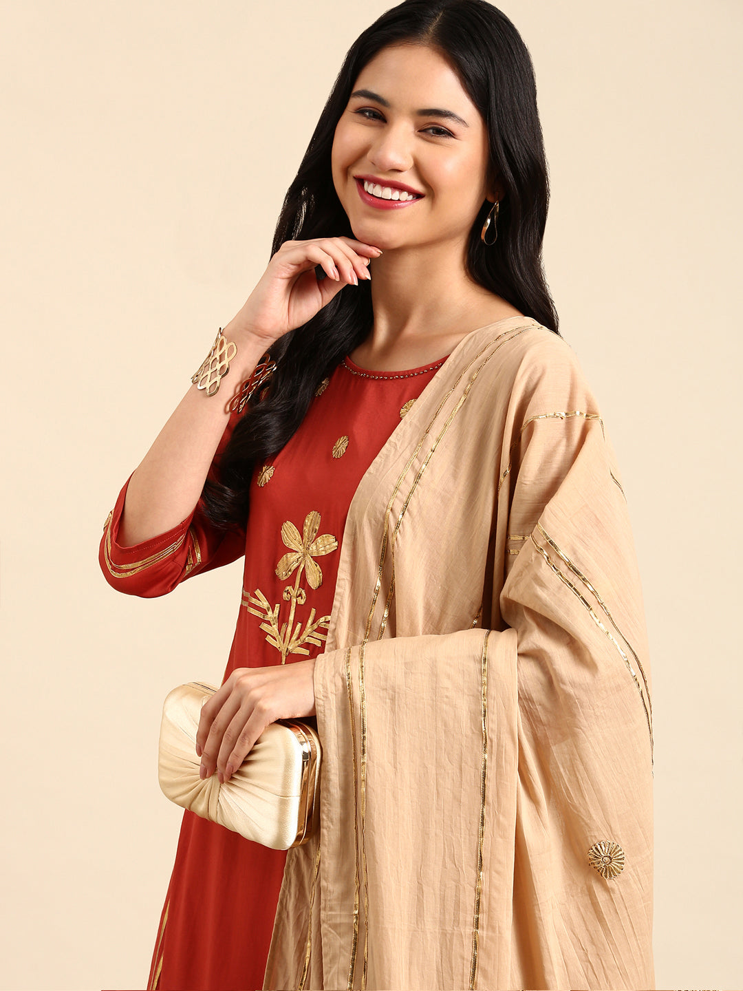 Women's Orange Embroidered Kurta Set