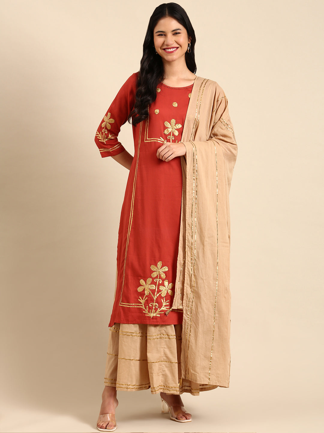 Women's Orange Embroidered Kurta Set