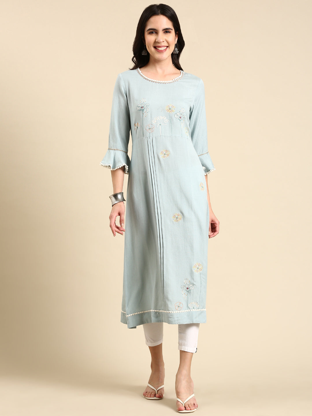 Women's Blue Embroidered A-Line Kurta