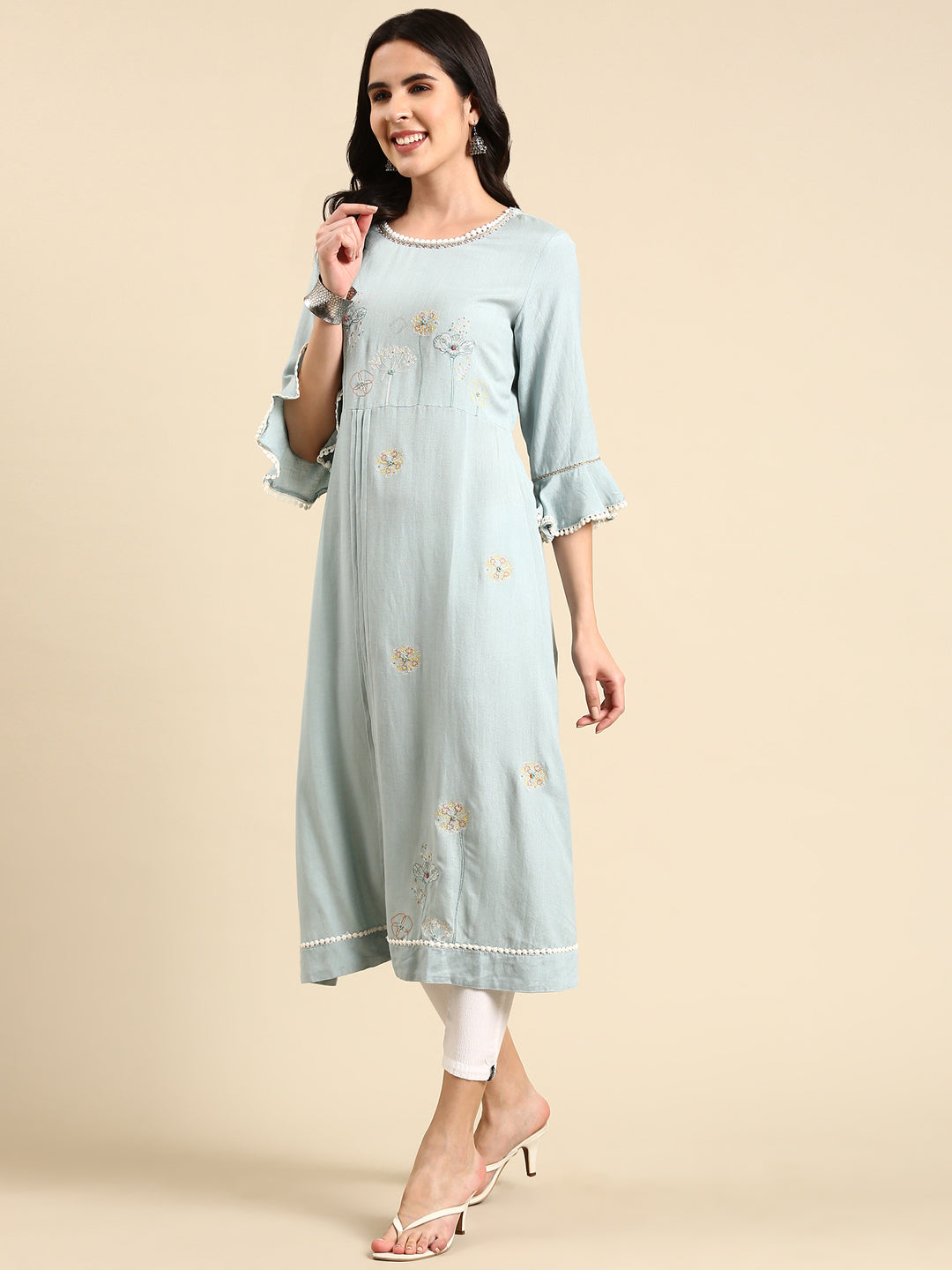 Women's Blue Embroidered A-Line Kurta