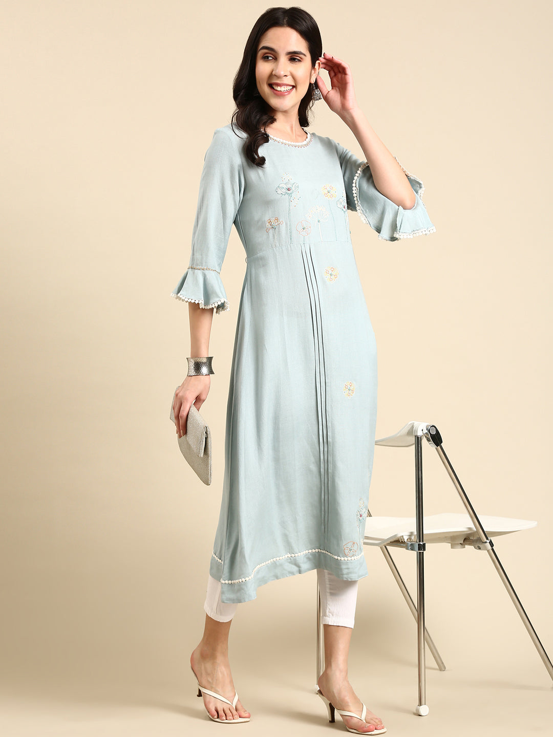 Women's Blue Embroidered A-Line Kurta