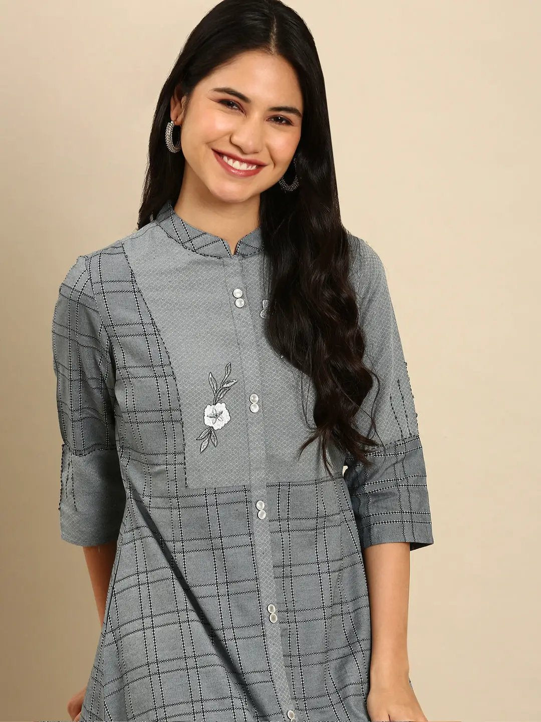 Women's Grey Checked A-Line Kurta