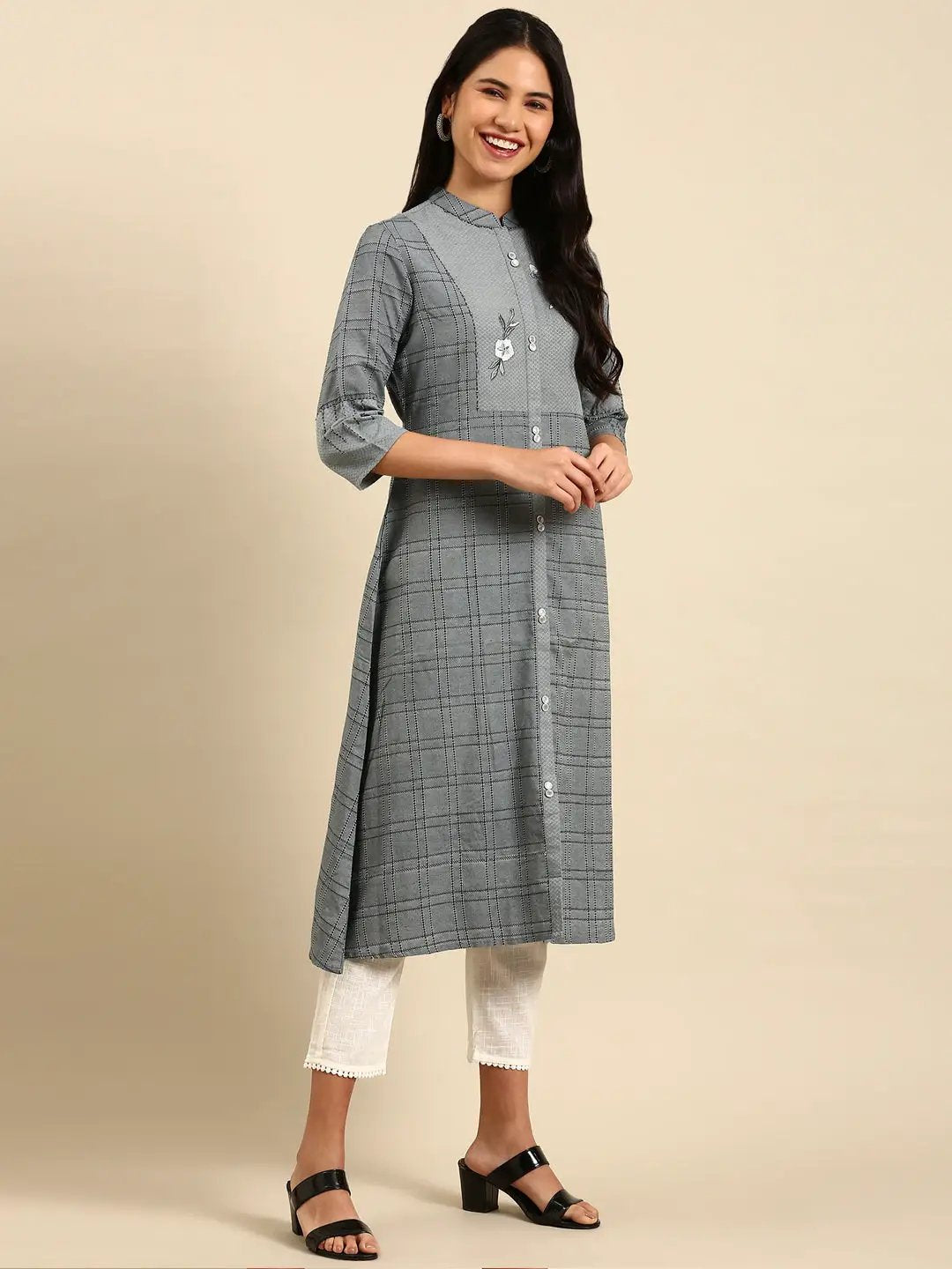 Women's Grey Checked A-Line Kurta