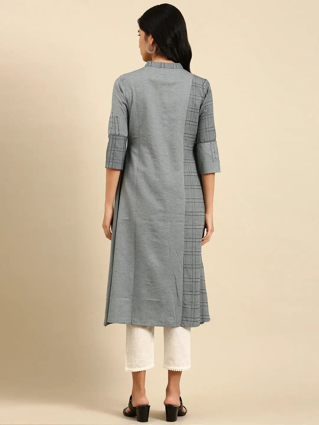 Women's Grey Checked A-Line Kurta