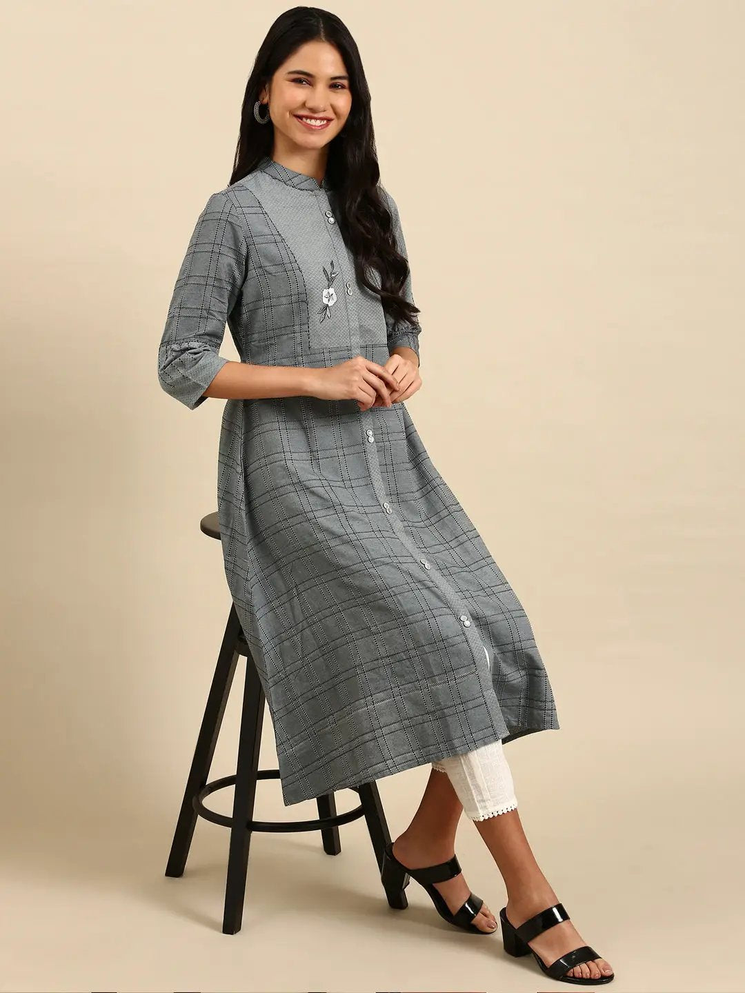 Women's Grey Checked A-Line Kurta