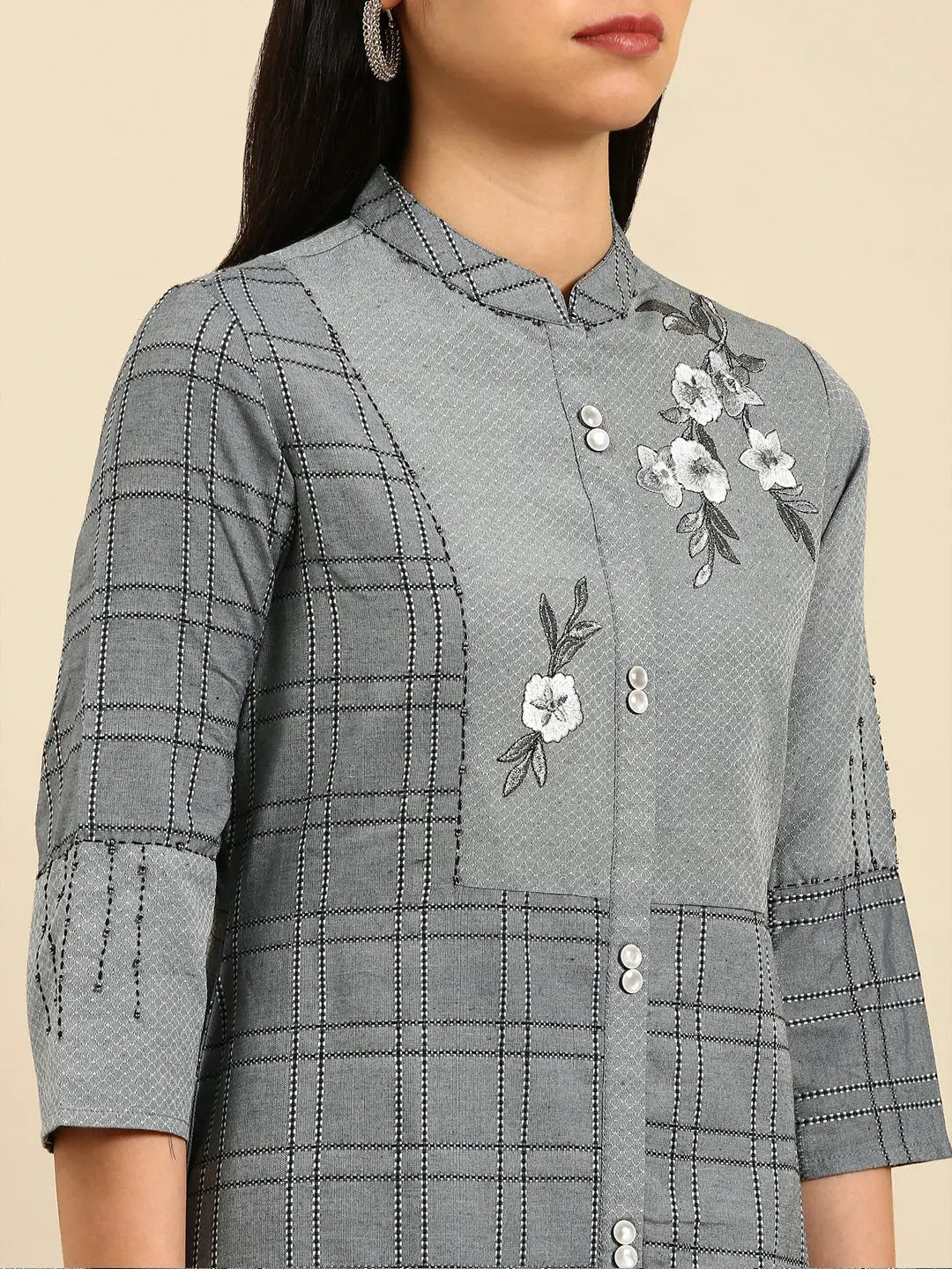 Women's Grey Checked A-Line Kurta