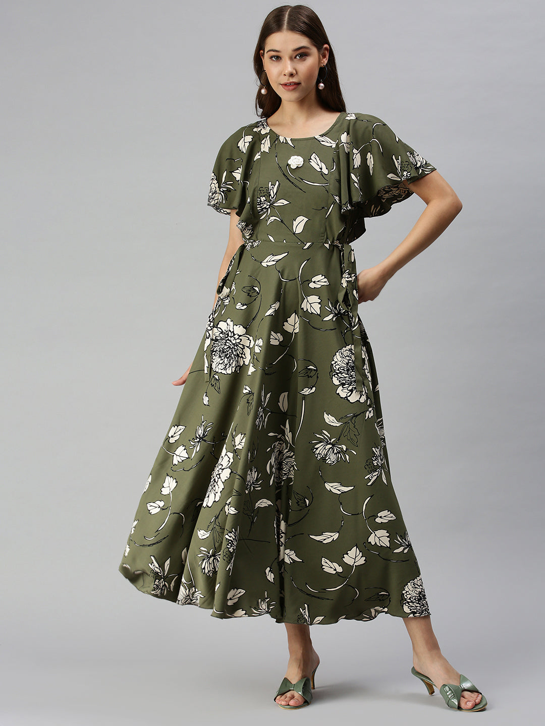 Women's Olive Printed Maxi Dress