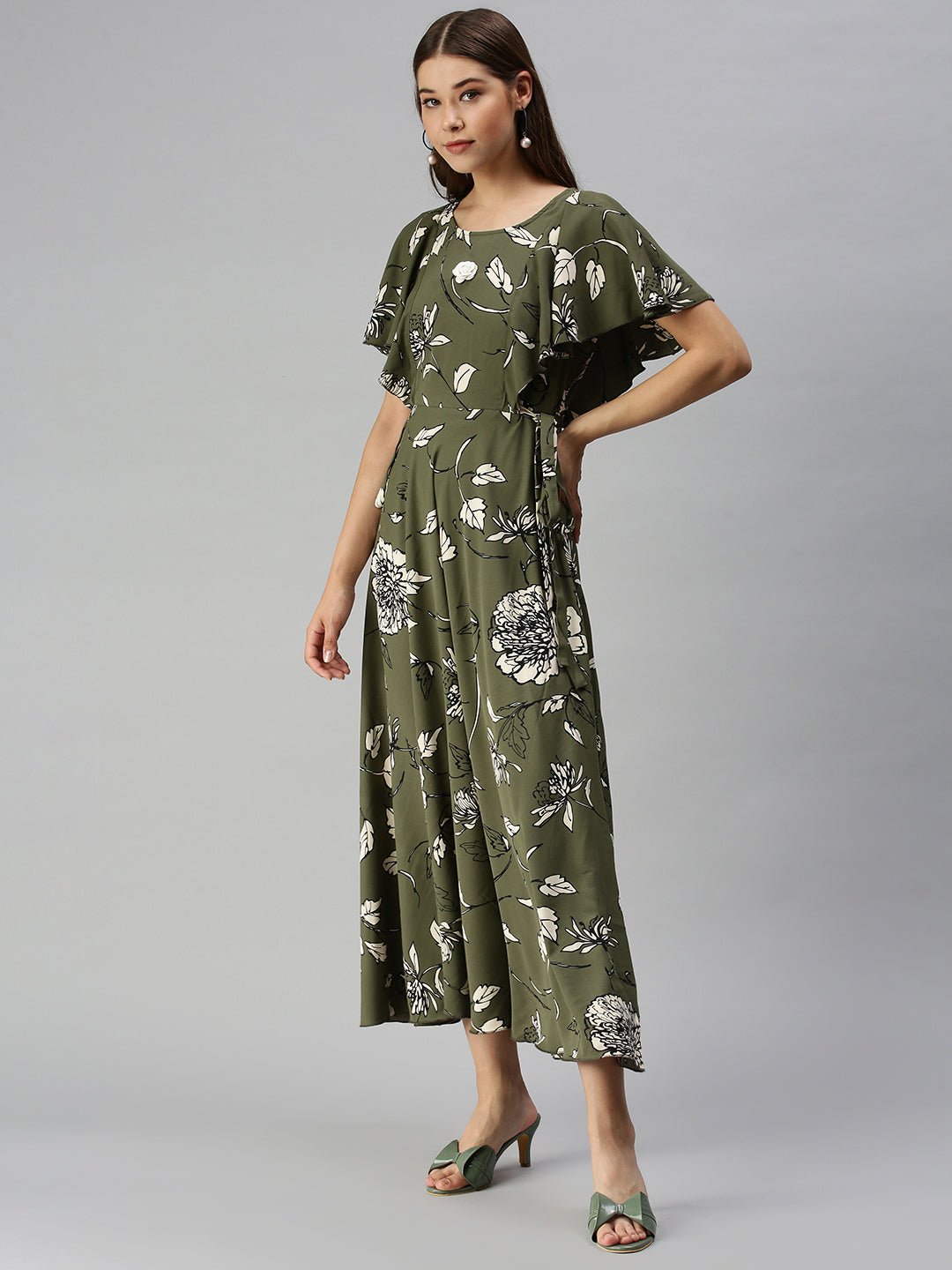 Women's Olive Printed Maxi Dress