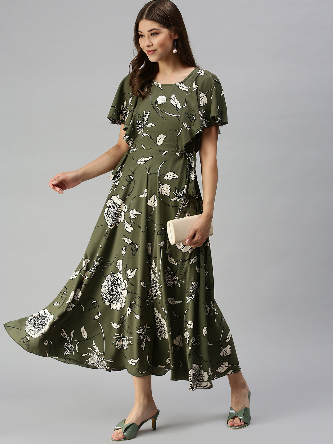 Women's Olive Printed Maxi Dress