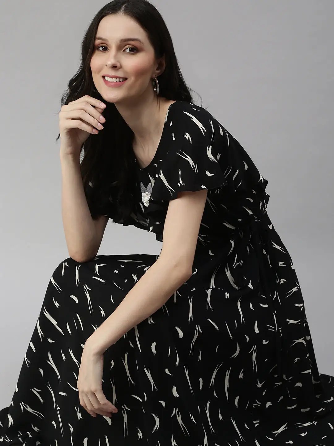 Women's Black Printed Fit and Flare Dress