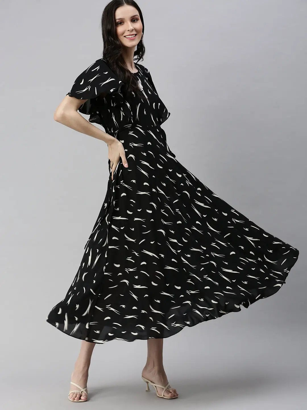Women's Black Printed Fit and Flare Dress