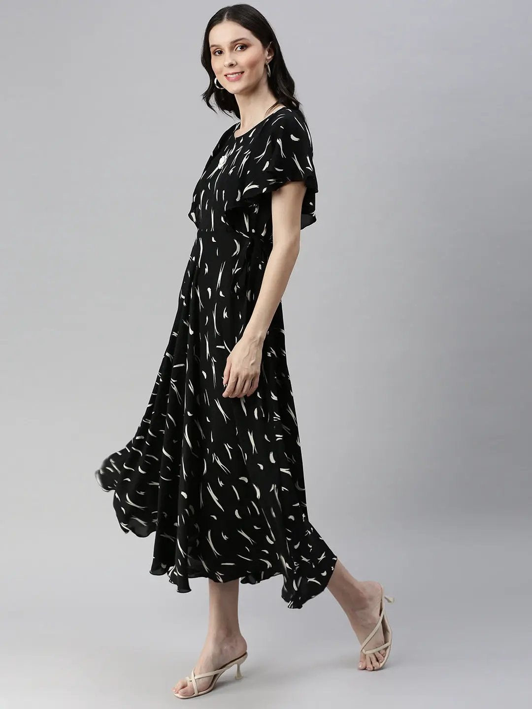 Women's Black Printed Fit and Flare Dress