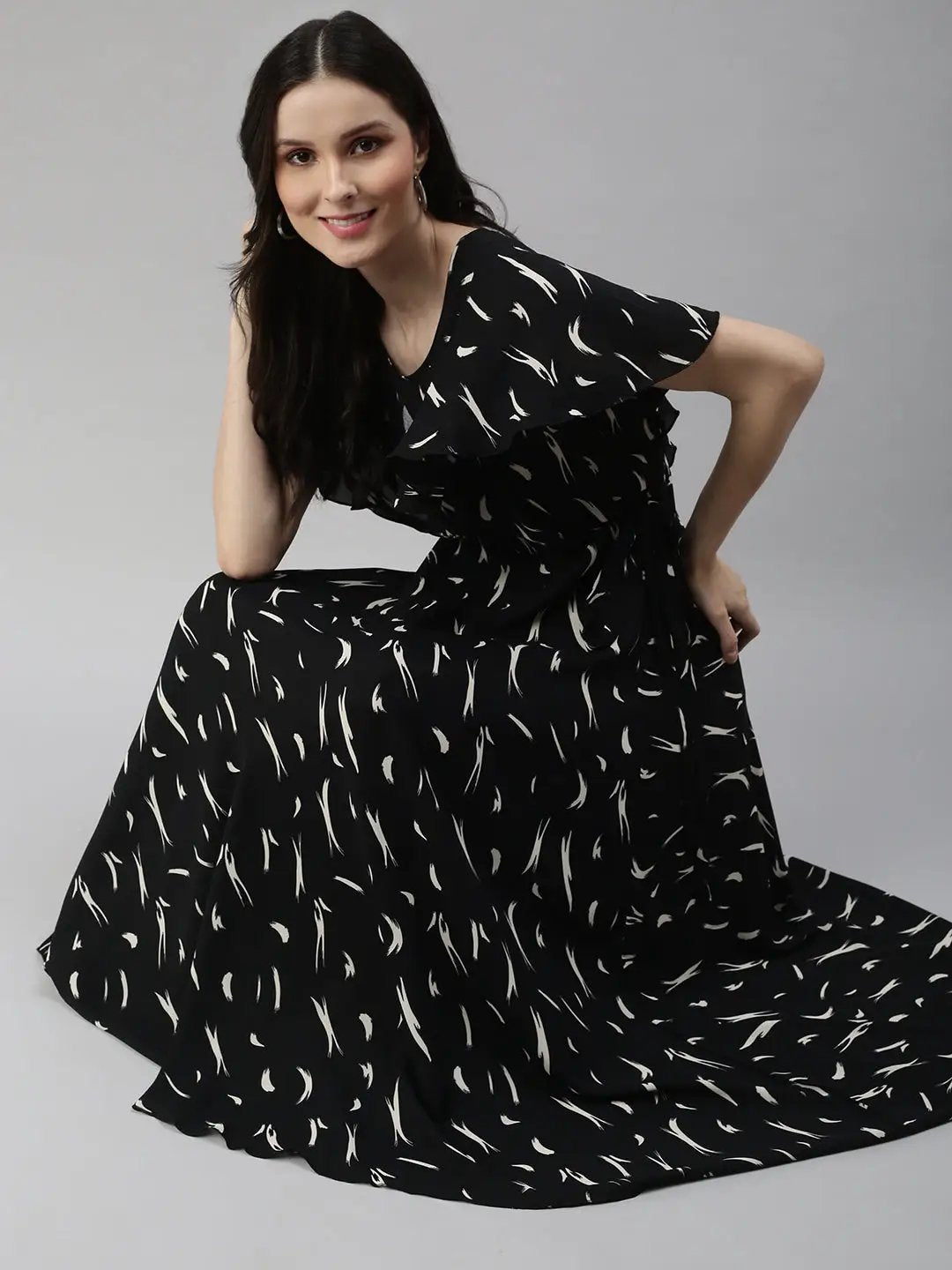 Women's Black Printed Fit and Flare Dress