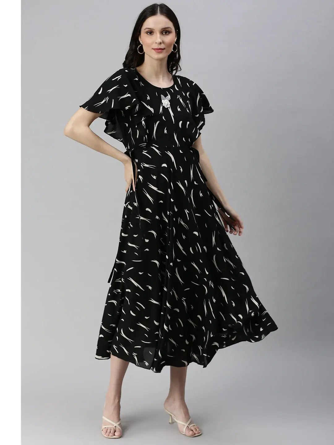 Women's Black Printed Fit and Flare Dress