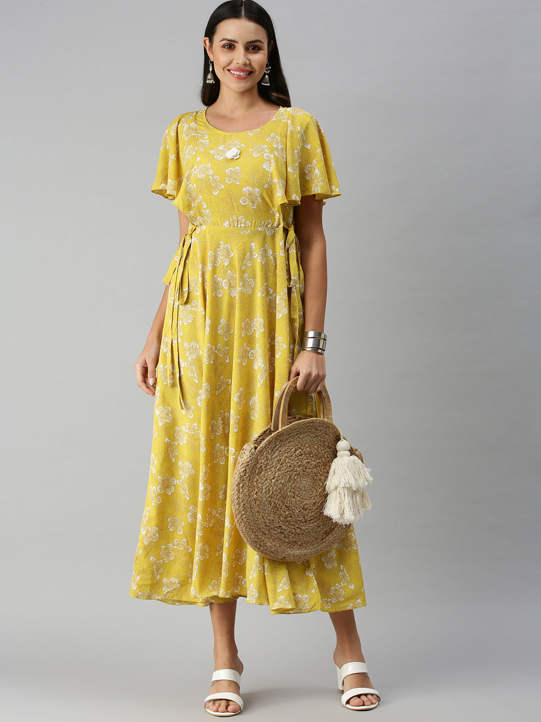 Women's Yellow Floral A-Line Kurta