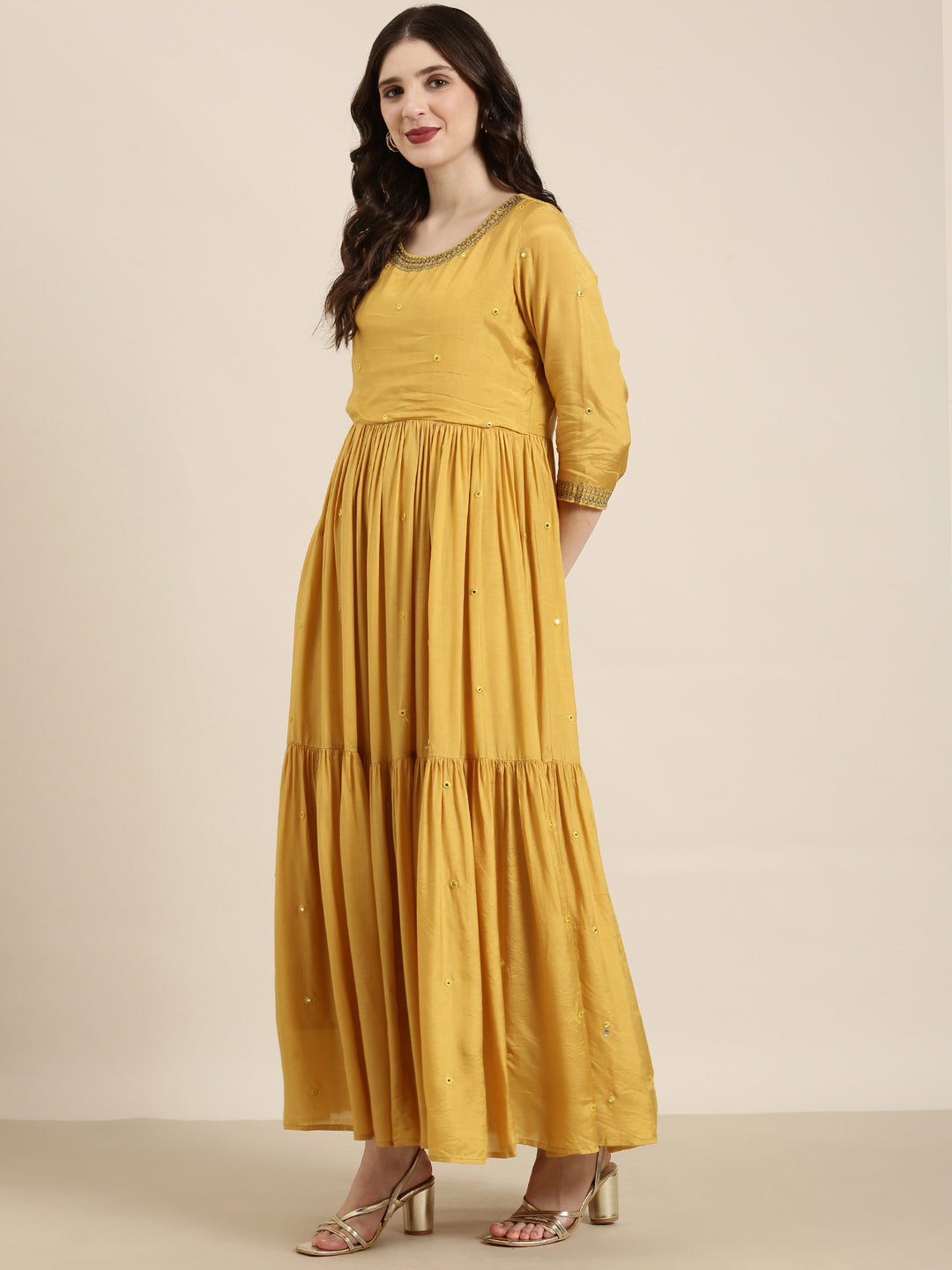 Women Mustard Solid Anarkali Kurta