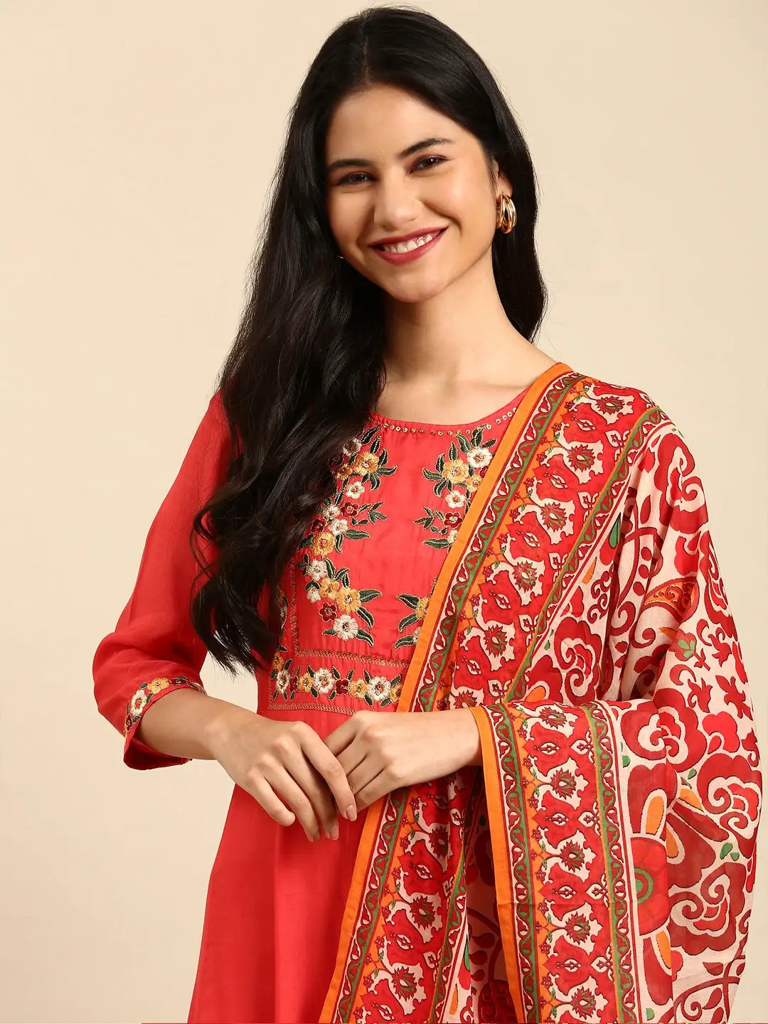 Women's Orange Printed Anarkali Kurta