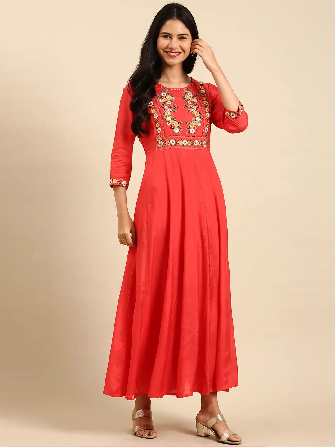 Women's Orange Printed Anarkali Kurta