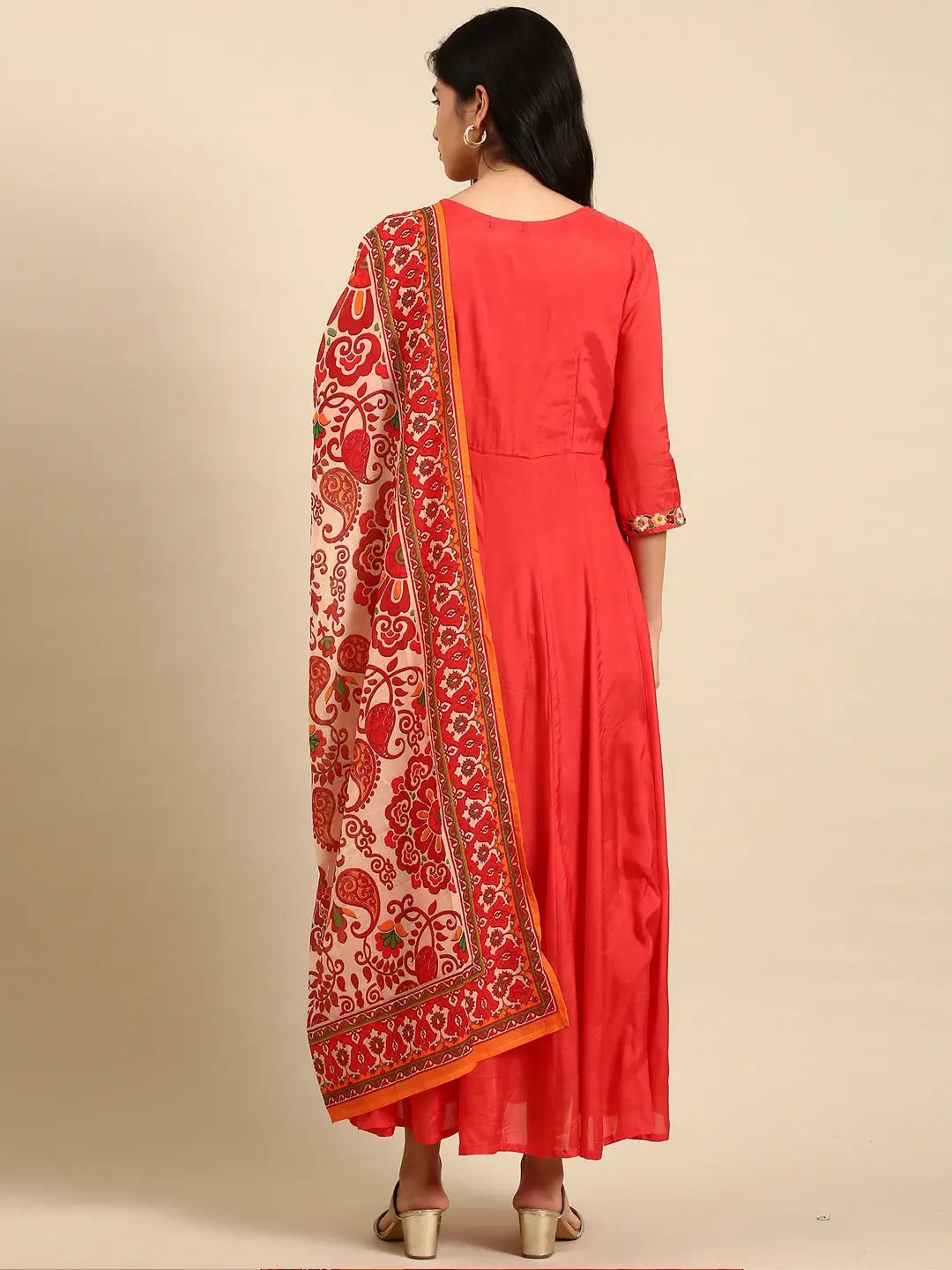 Women's Orange Printed Anarkali Kurta