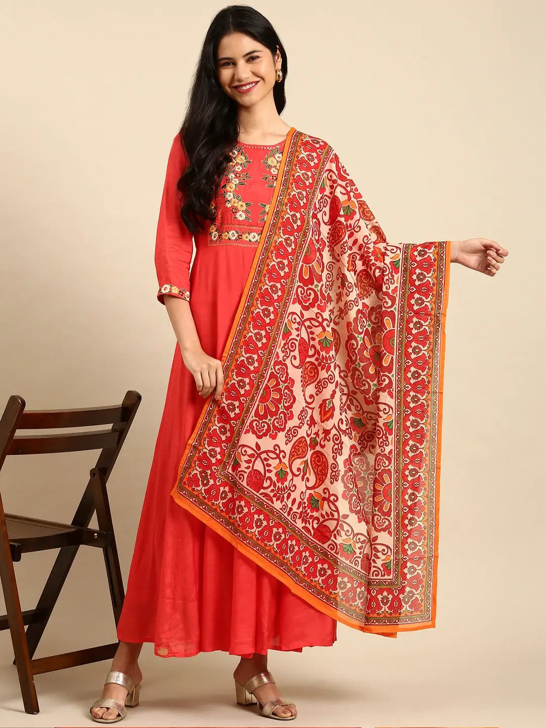Women's Orange Printed Anarkali Kurta