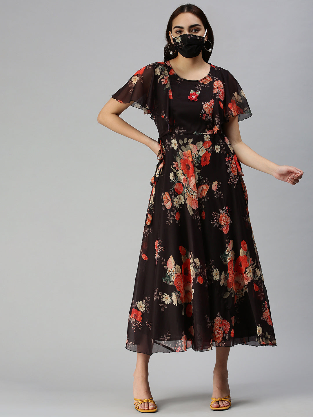 Women's Black Printed Fit and Flare Dress