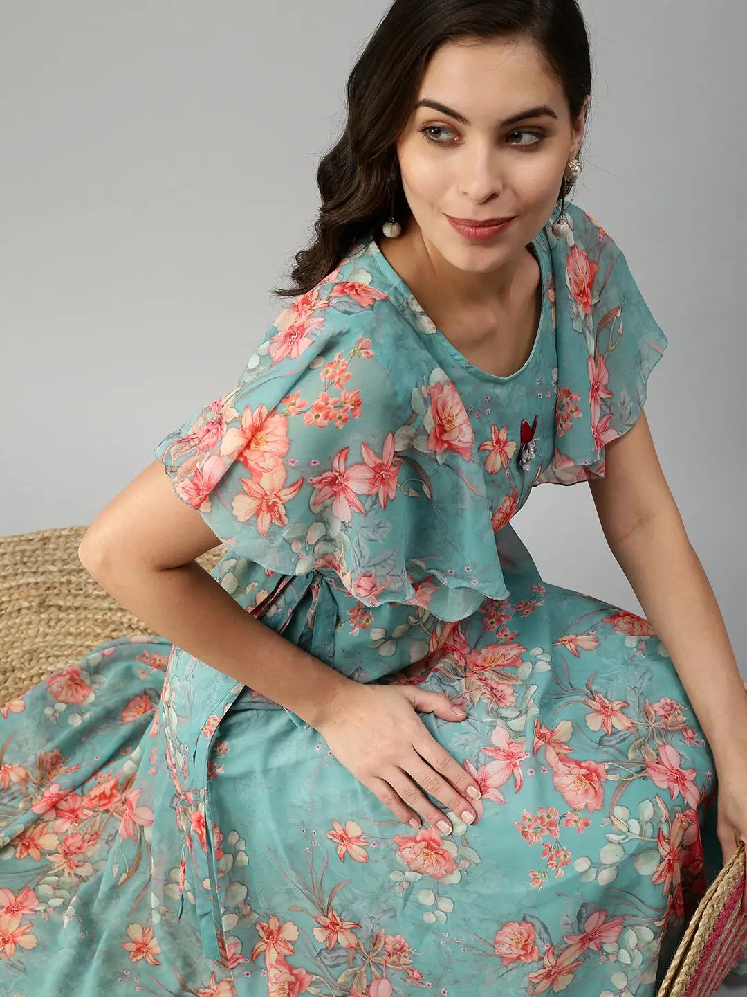 Women's Floral Sea Green Fit and Flare Dress