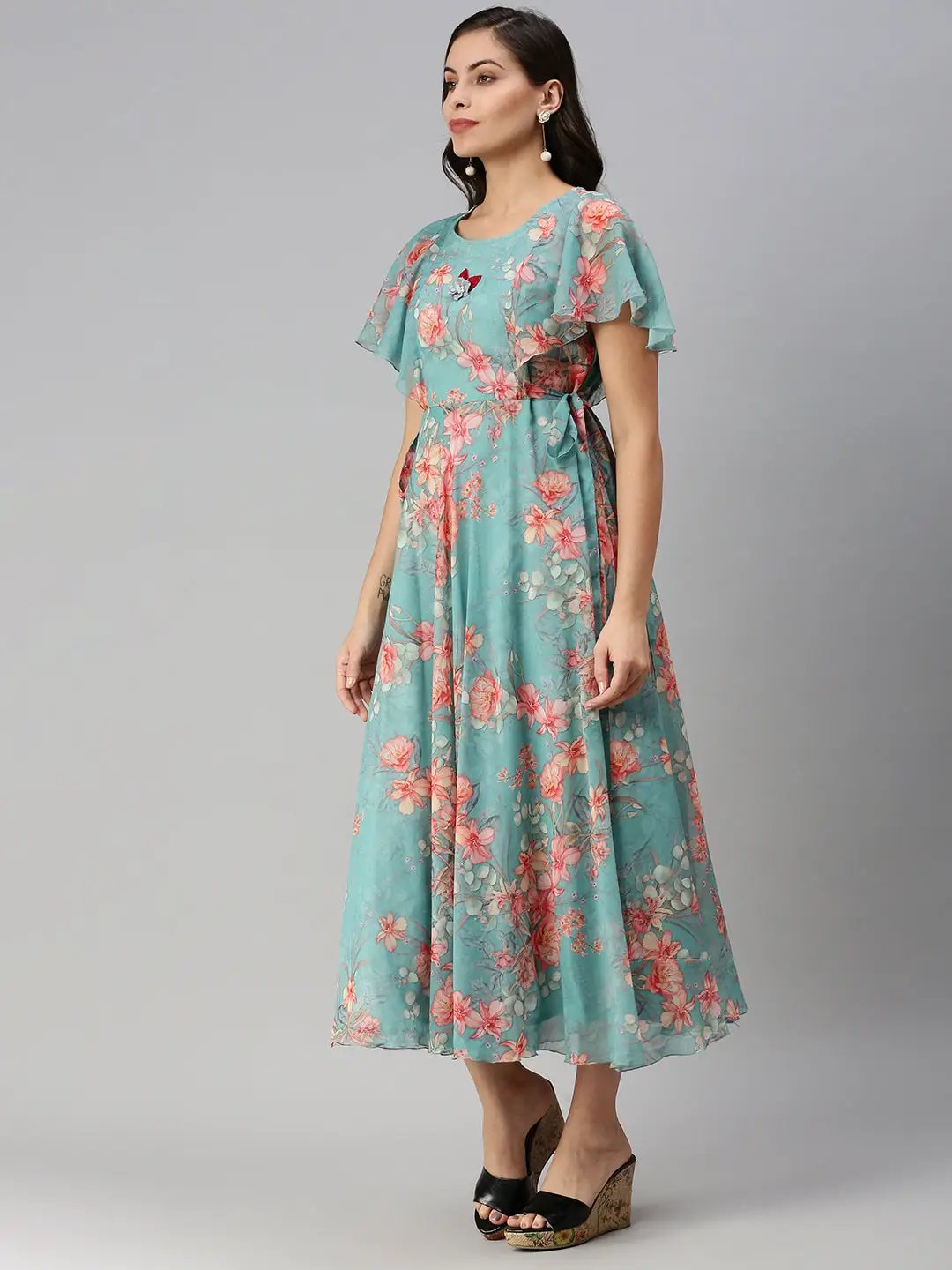 Women's Floral Sea Green Fit and Flare Dress