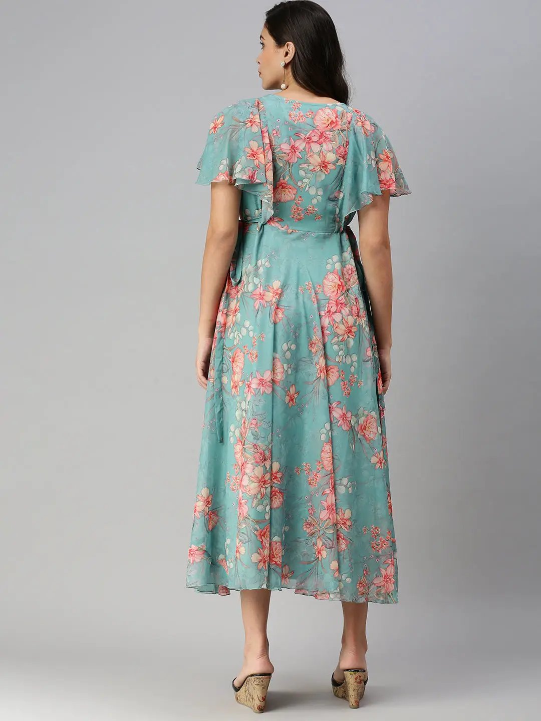 Women's Floral Sea Green Fit and Flare Dress