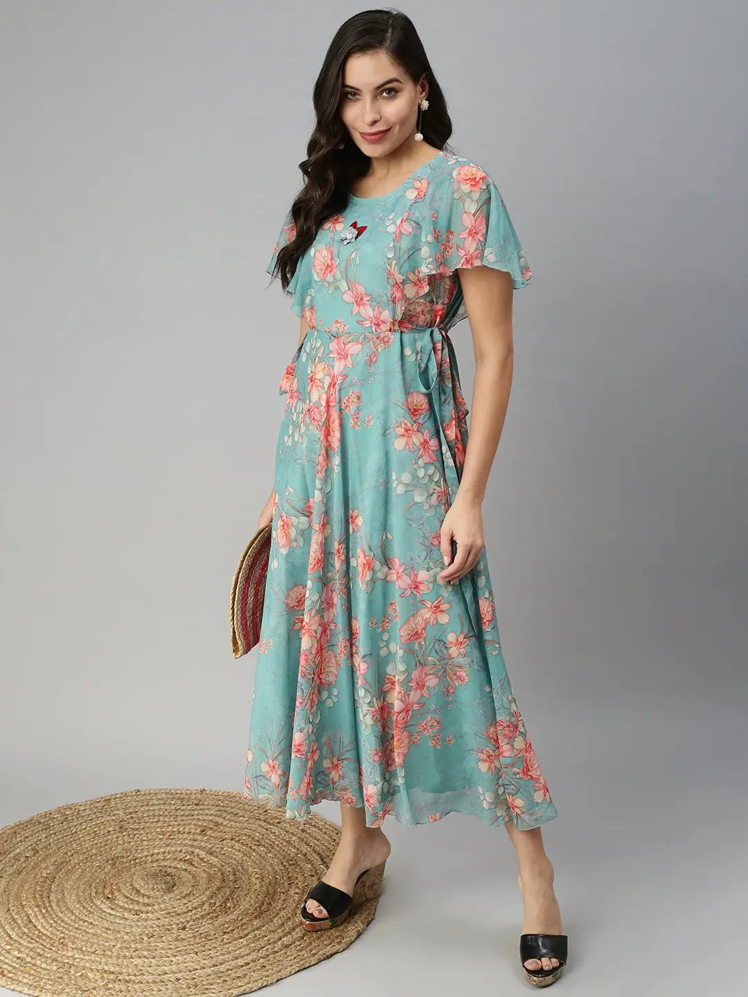Women's Floral Sea Green Fit and Flare Dress