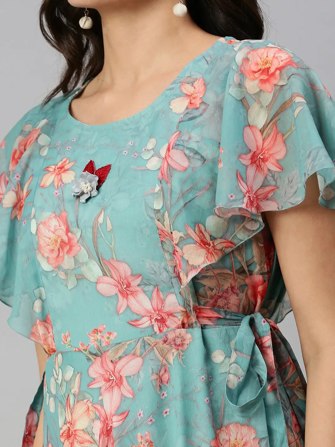 Women's Floral Sea Green Fit and Flare Dress