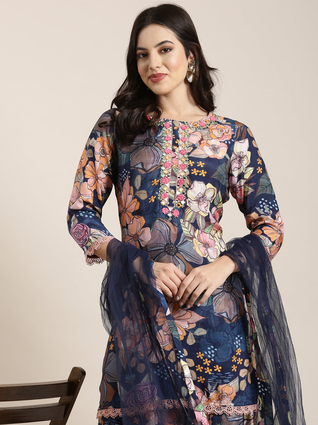 Women Straight Navy Blue Floral Kurti and Trousers Set Comes With Dupatta