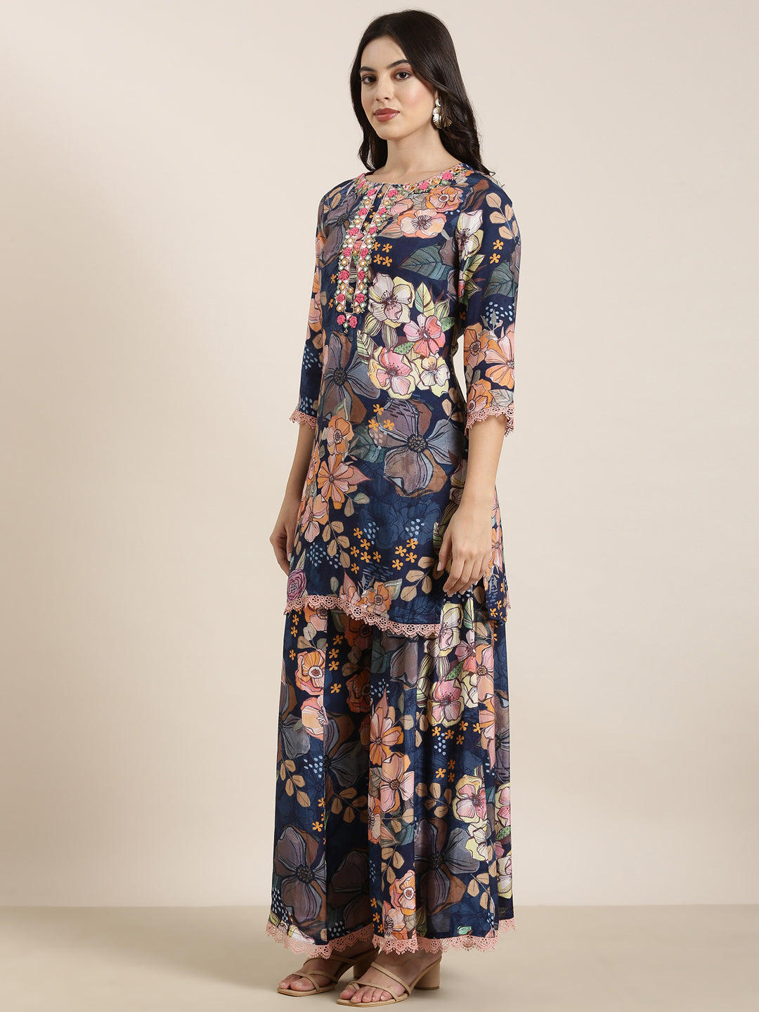 Women Straight Navy Blue Floral Kurti and Trousers Set Comes With Dupatta