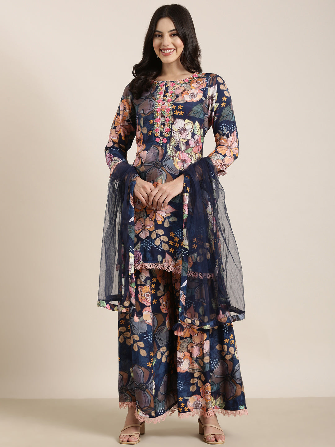 Women Straight Navy Blue Floral Kurti and Trousers Set Comes With Dupatta