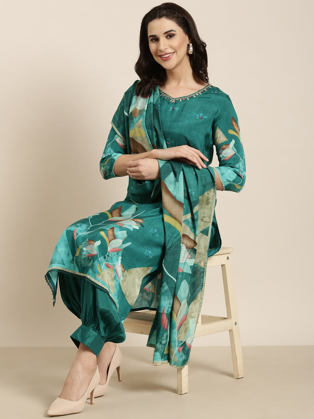 Women Straight Teal Floral Kurta and Patiala Set Comes With Dupatta