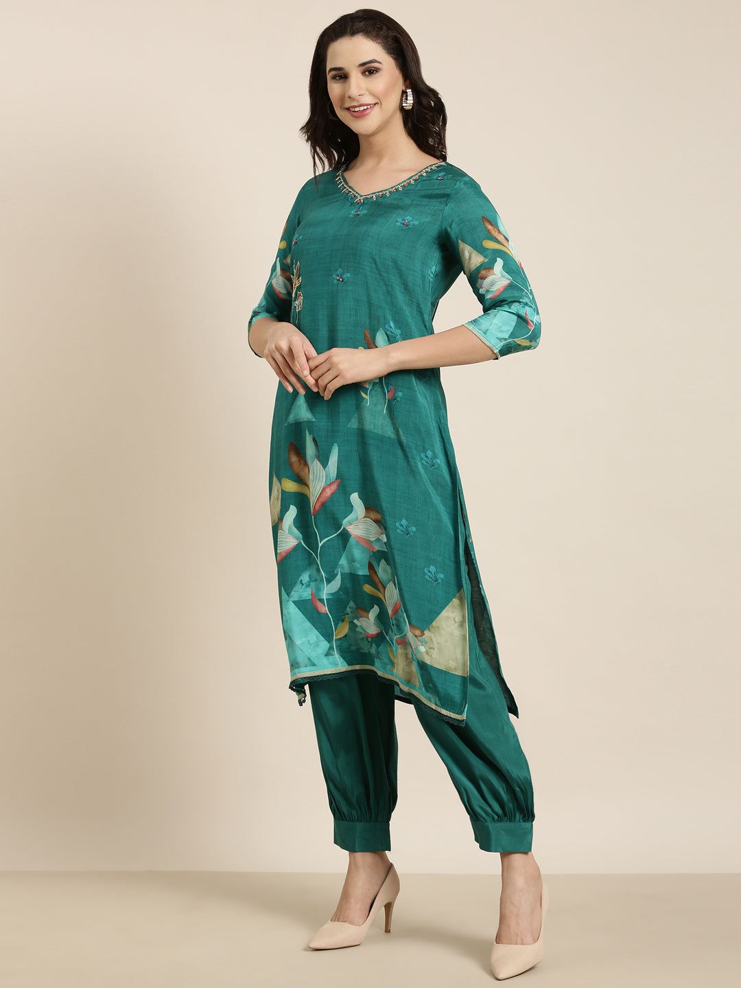 Women Straight Teal Floral Kurta and Patiala Set Comes With Dupatta