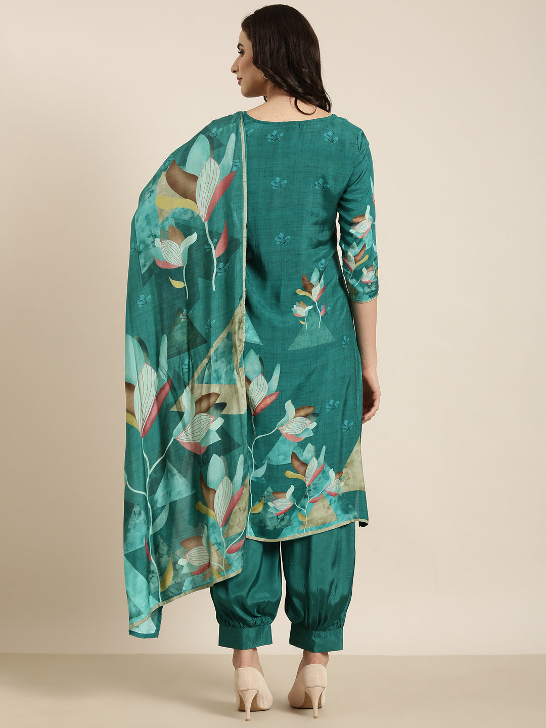 Women Straight Teal Floral Kurta and Patiala Set Comes With Dupatta