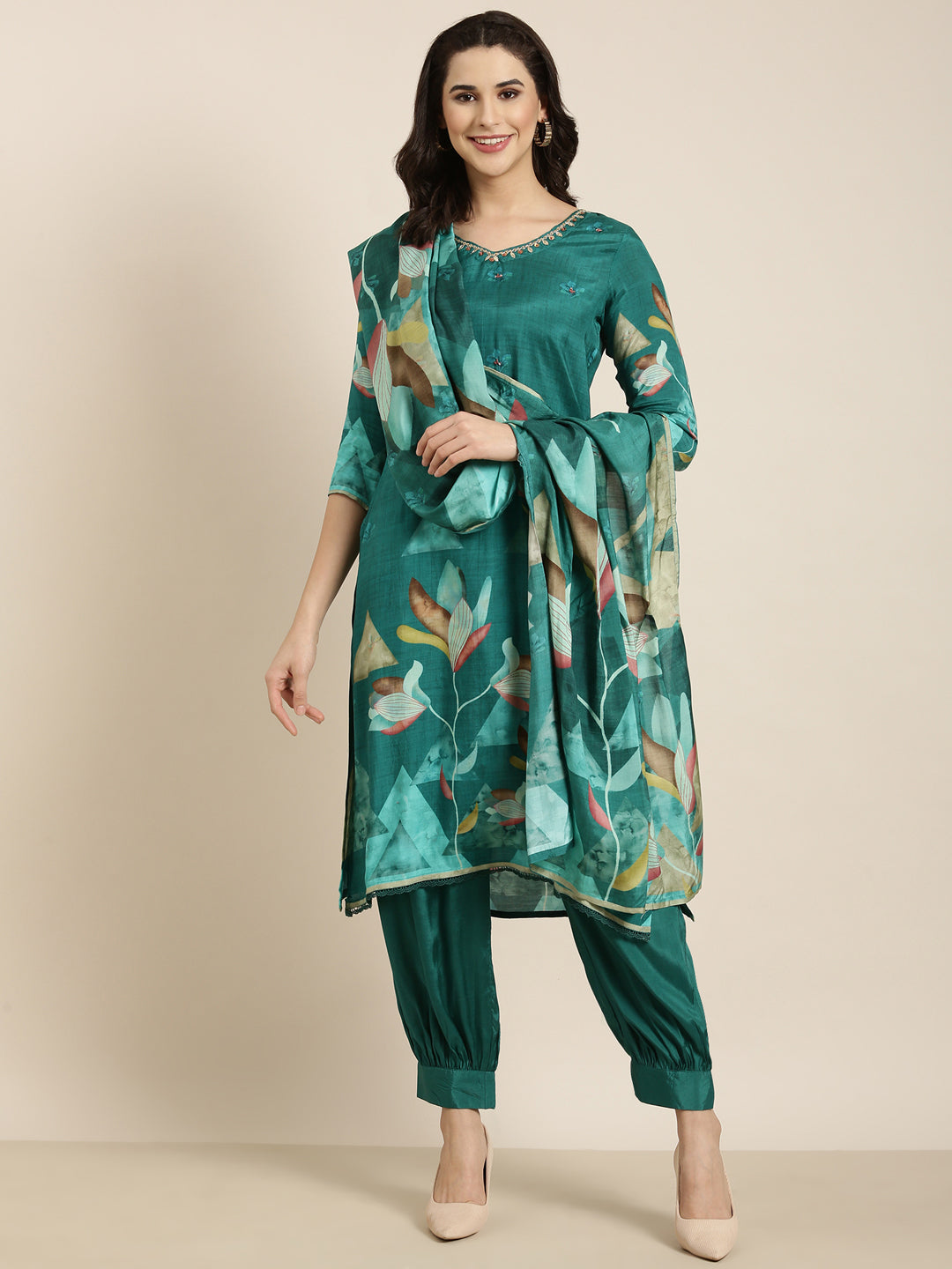 Women Straight Teal Floral Kurta and Patiala Set Comes With Dupatta