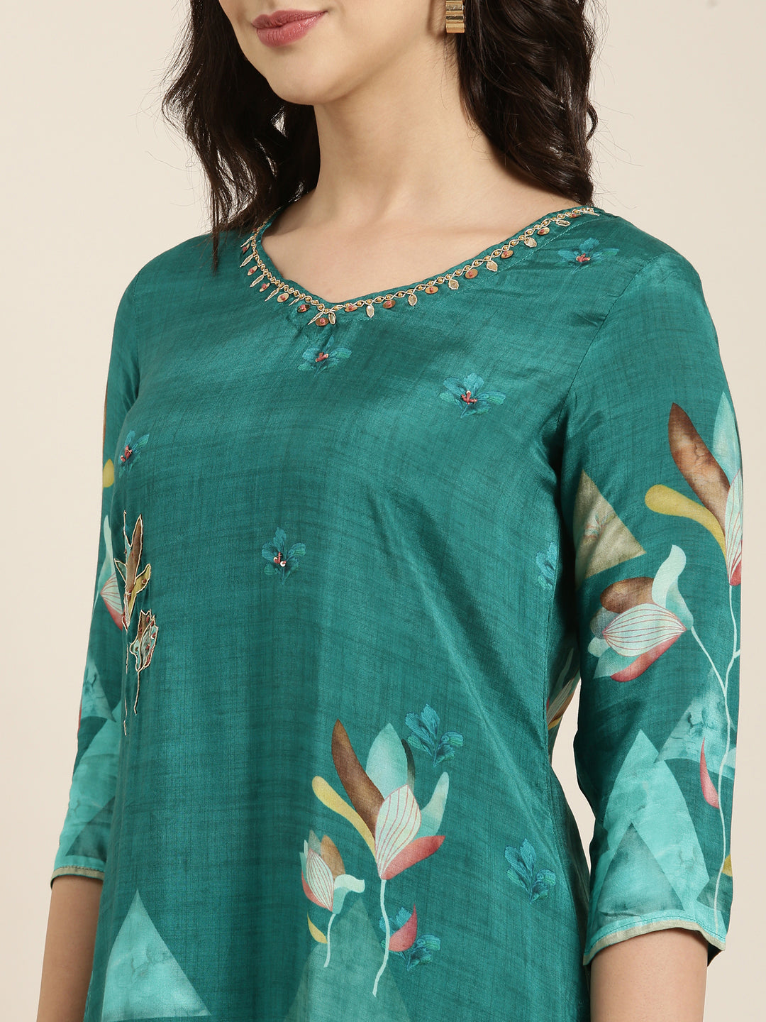 Women Straight Teal Floral Kurta and Patiala Set Comes With Dupatta