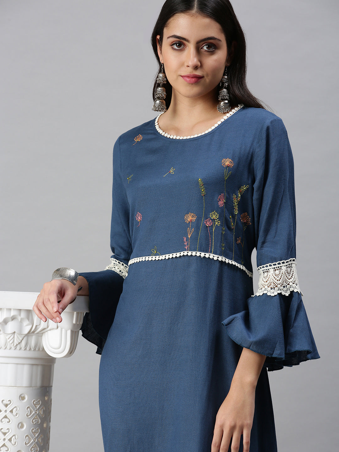 Women's Navy Blue Floral Anarkali Kurta