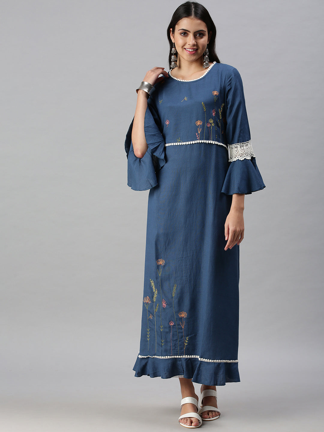 Women's Navy Blue Floral Anarkali Kurta