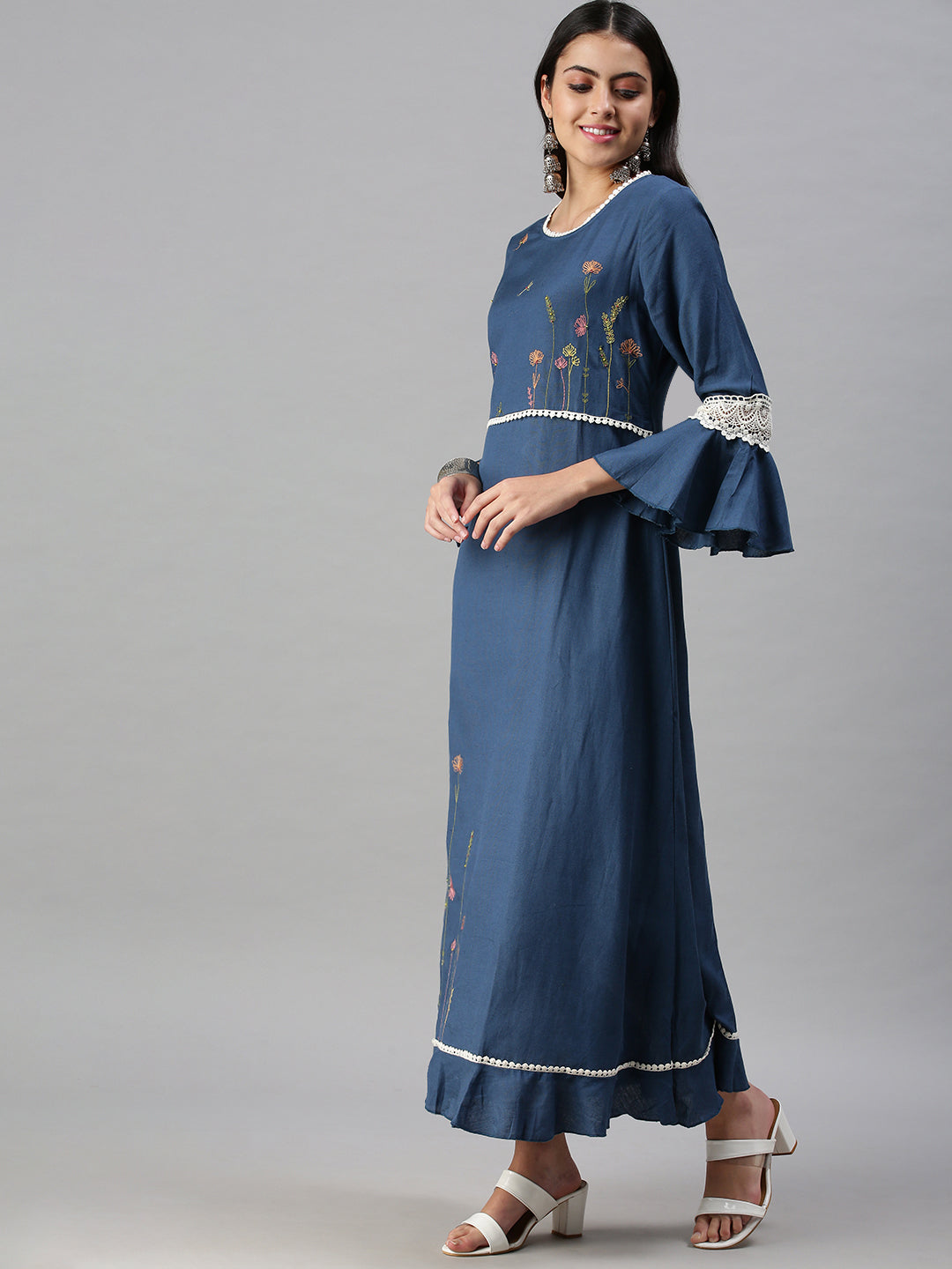 Women's Navy Blue Floral Anarkali Kurta