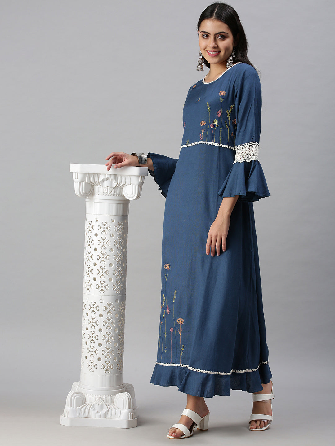 Women's Navy Blue Floral Anarkali Kurta