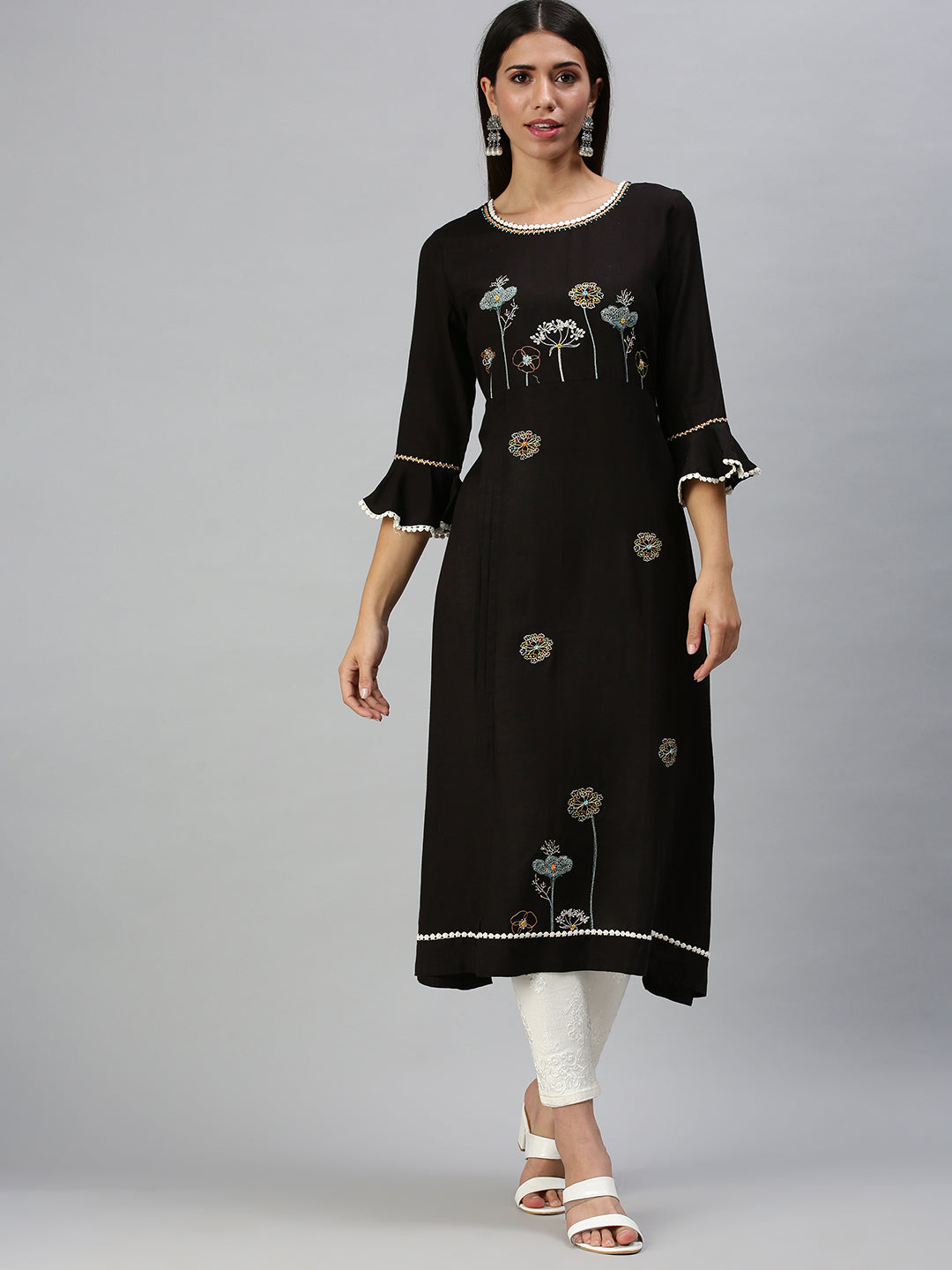 Women's Black Floral A-Line Kurta