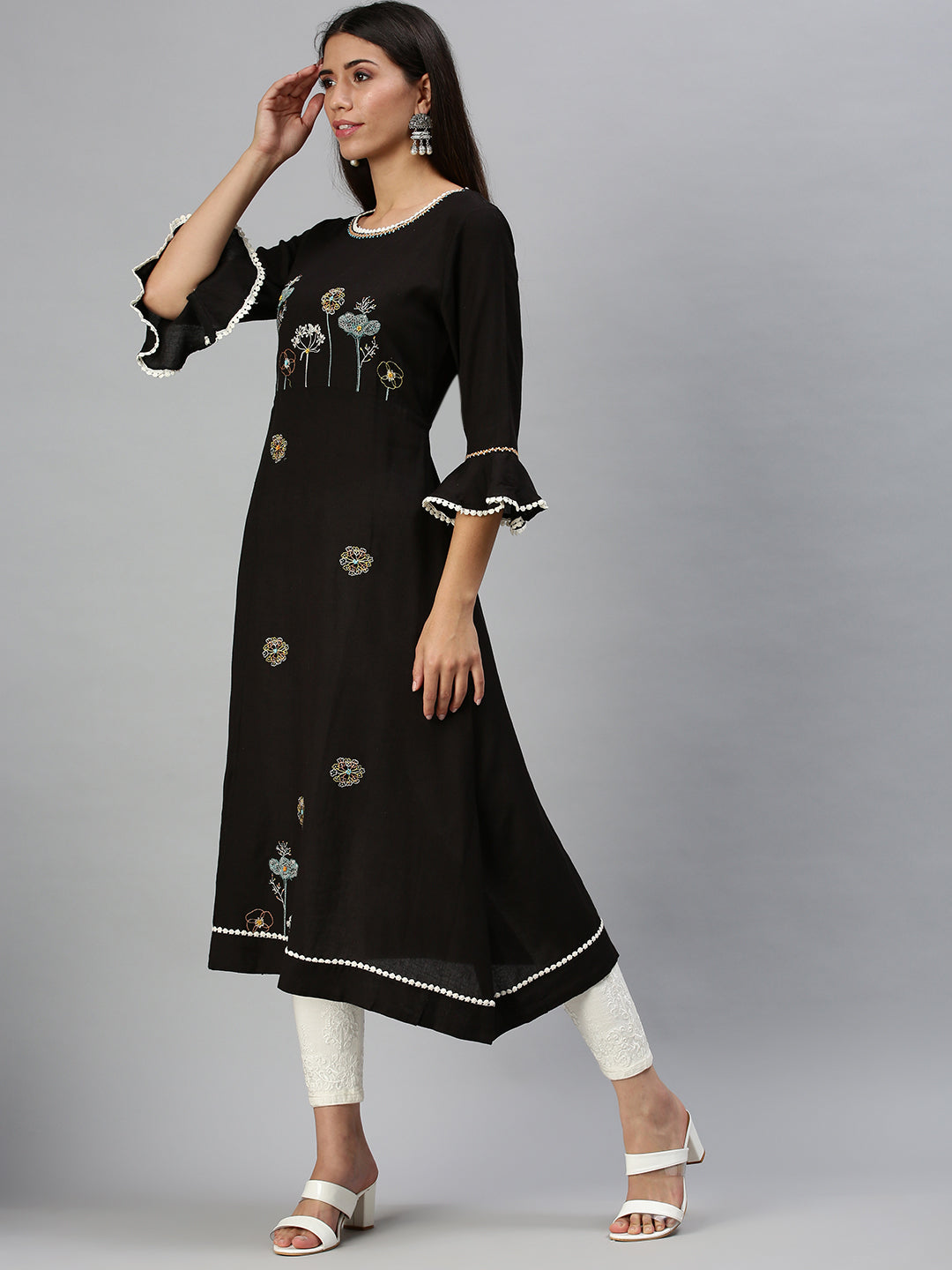 Women's Black Floral A-Line Kurta