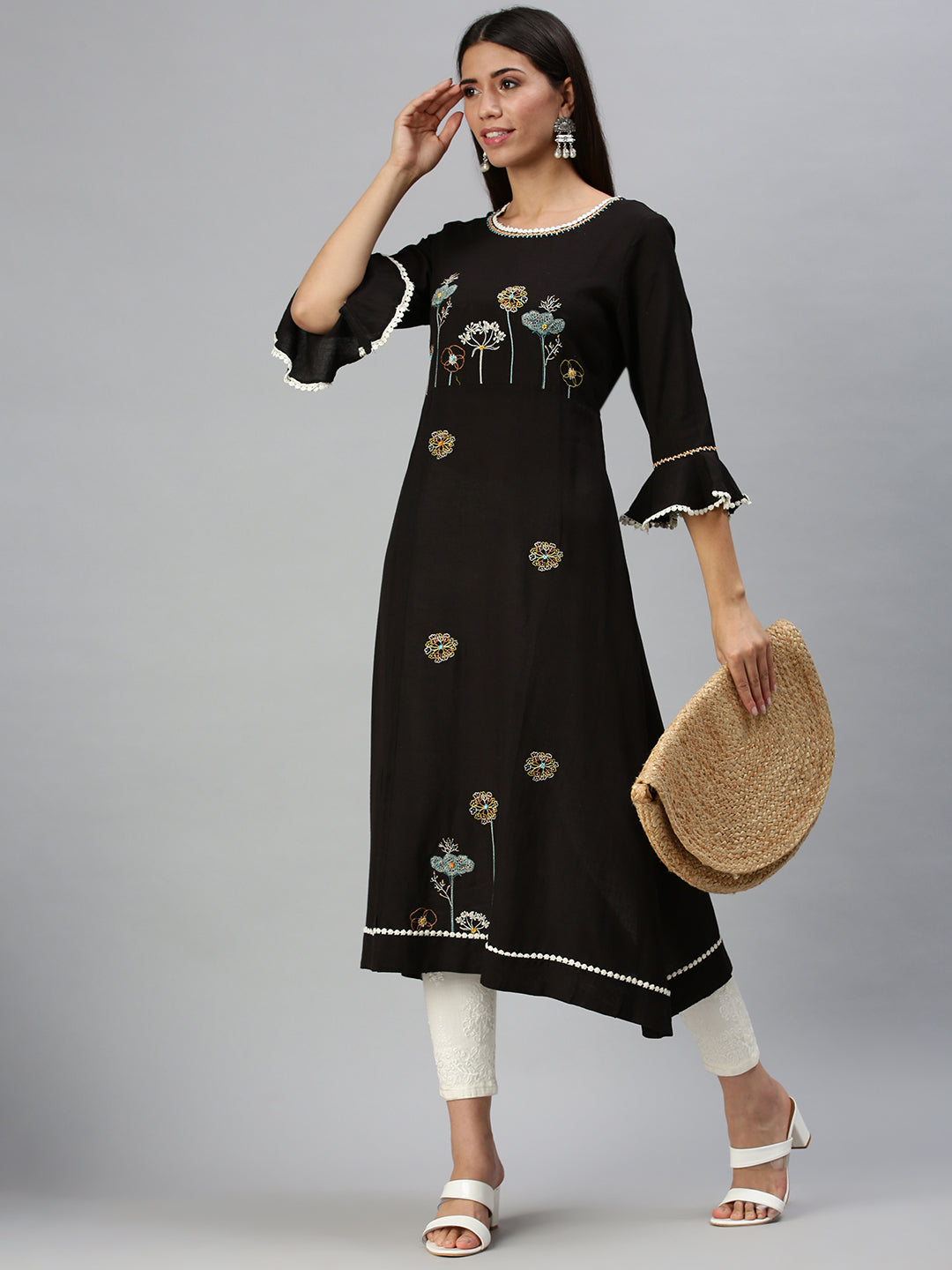 Women's Black Floral A-Line Kurta