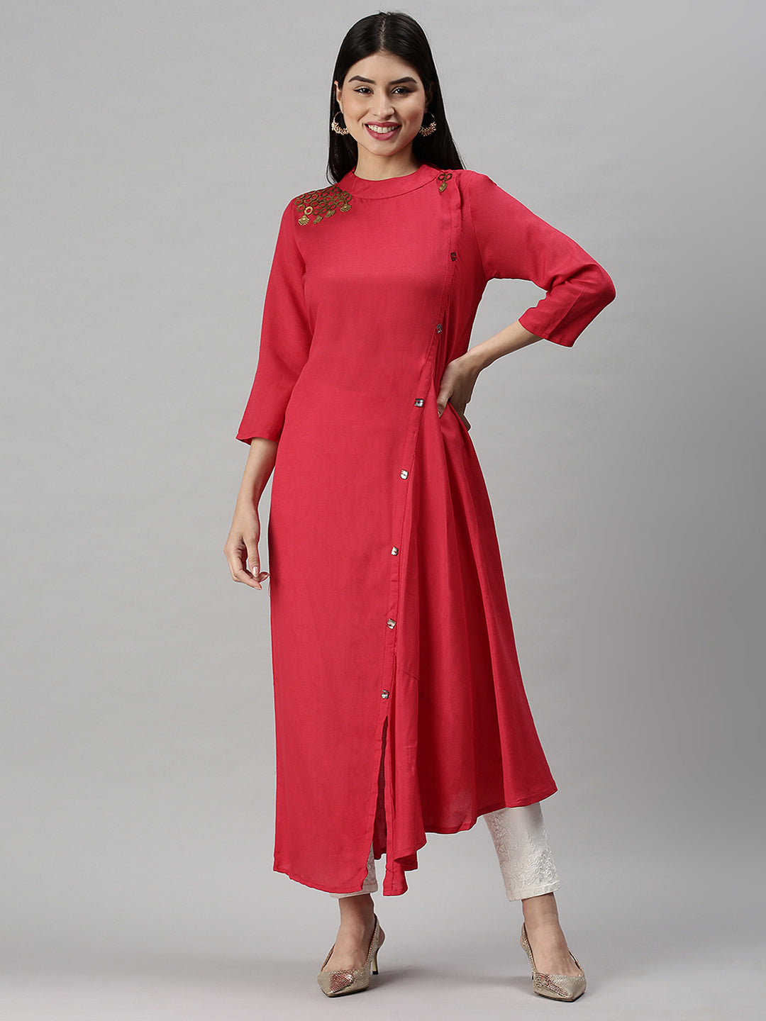 Women's Pink Solid A-Line Kurta