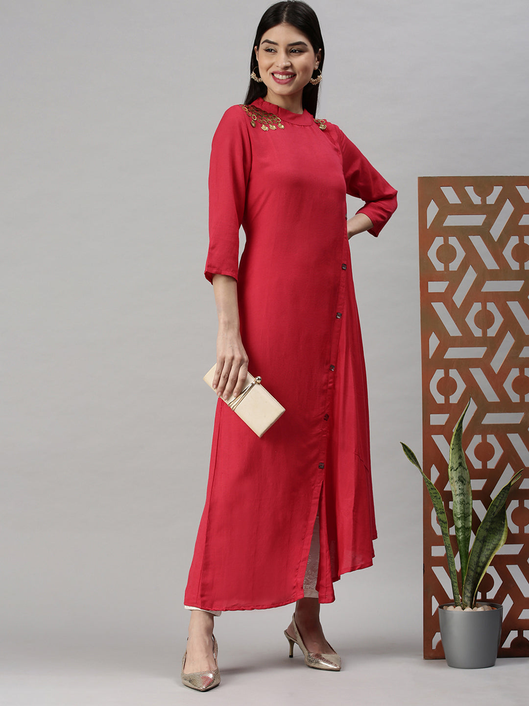 Women's Pink Solid A-Line Kurta